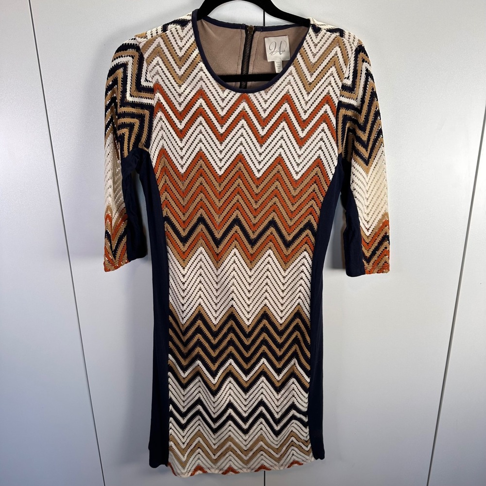 Julienne Womens Large Zig Zag Print Dress 3/4 Sleeve Multicolor Fitted Bodycon‎